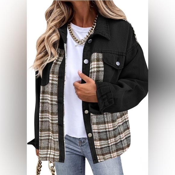 ZESICA Women's Denim Jacket Plaid Button Down Lapel Collar Shacket with Pocket L - Picture 1 of 6